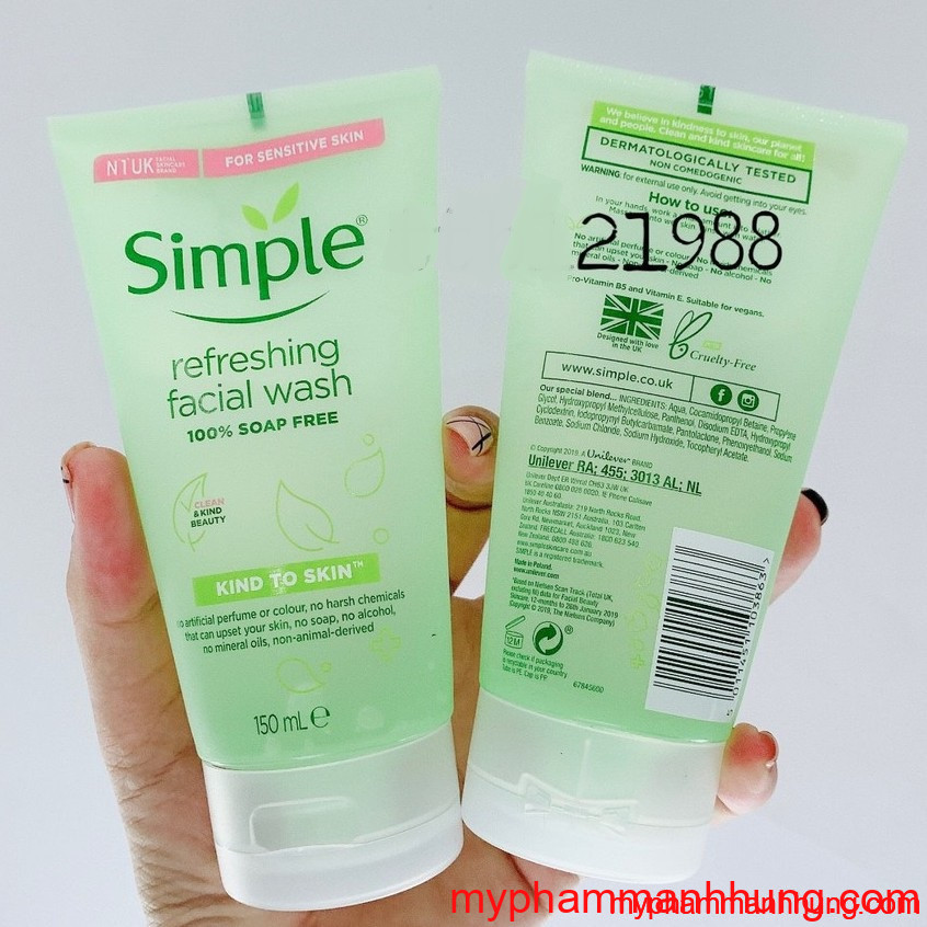 SỮa RỬa MẶt Simple Kind To Skin Refreshing Facial Wash Gel 150ml Mỹ